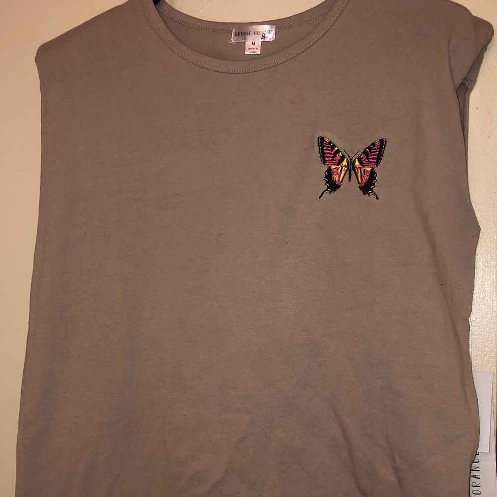 Orange kiss: Mushroom Butterfly Embroidered Tee